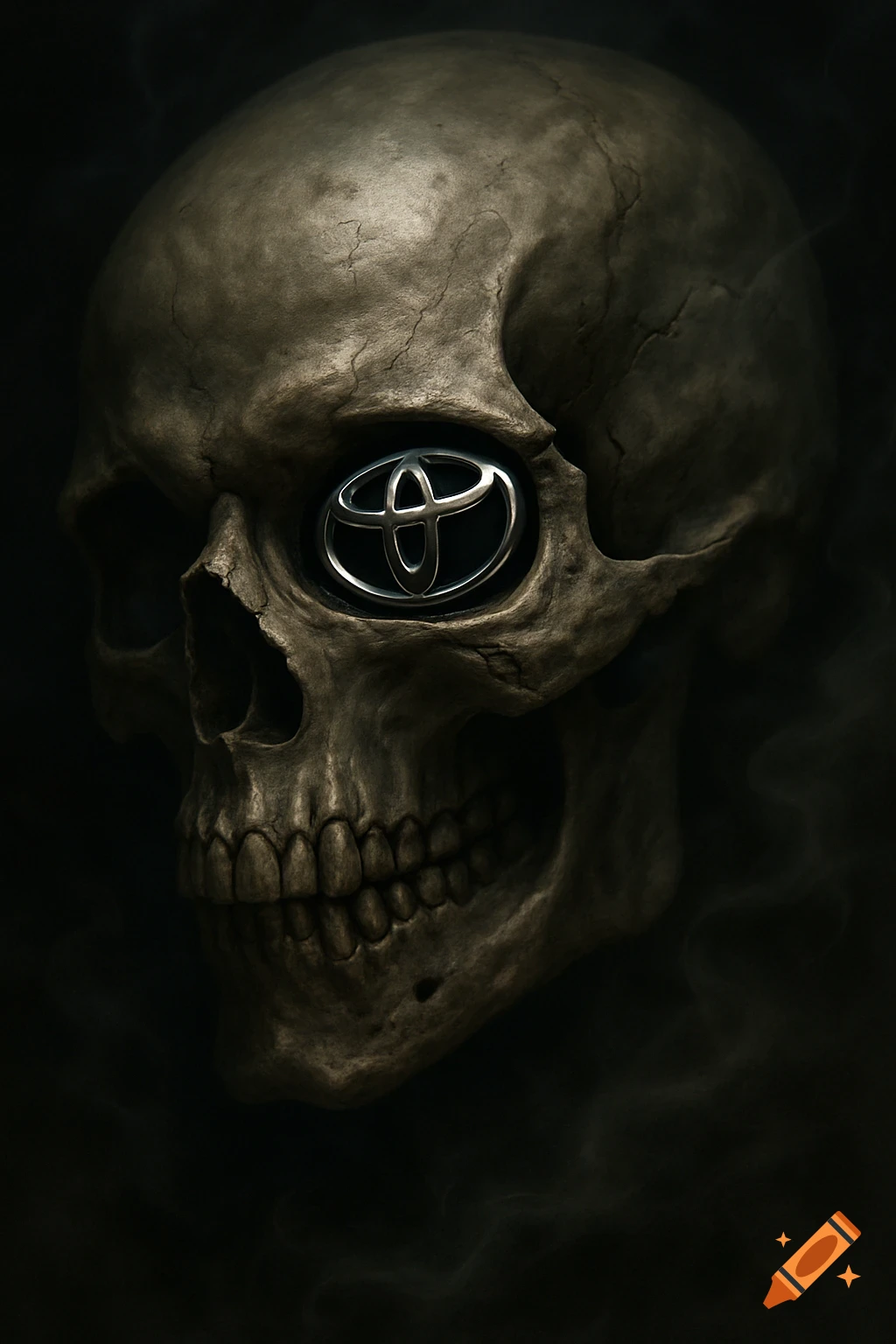 A dark, detailed image of a human skull with a silver Toyota logo embedded in its right eye socket, surrounded by wisps of smoke.