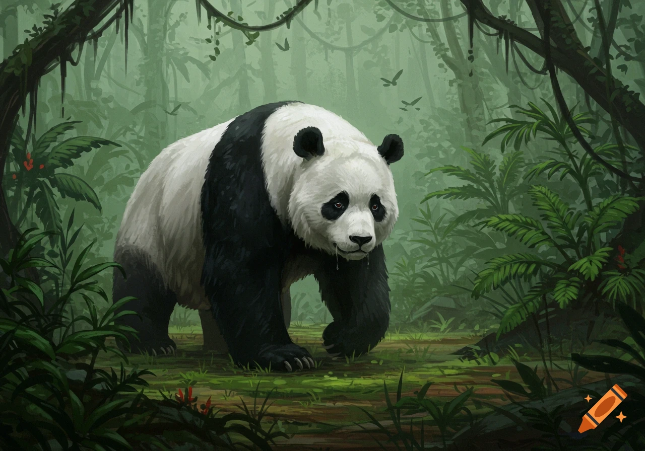 An illustrated sad panda walks through a lush green rainforest.