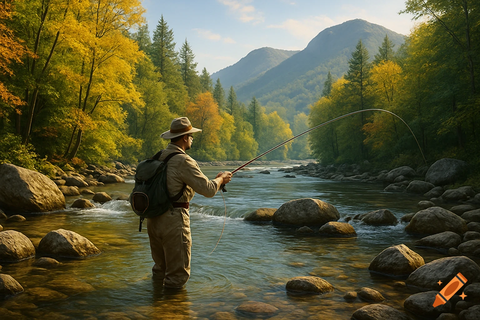 A man fly fishes in a river surrounded by autumn trees and mountains under a blue sky, photorealistic.