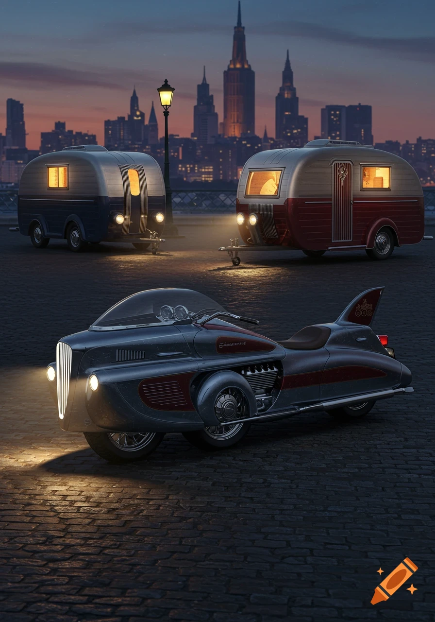 A custom Art Deco streamline motorcycle and two vintage trailers parked on a cobbled street with a city skyline at dusk.