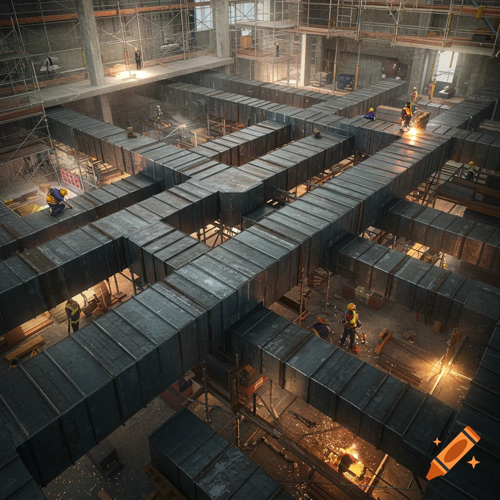 Photorealistic aerial view of a vast industrial construction site with numerous rectangular ducts and workers.