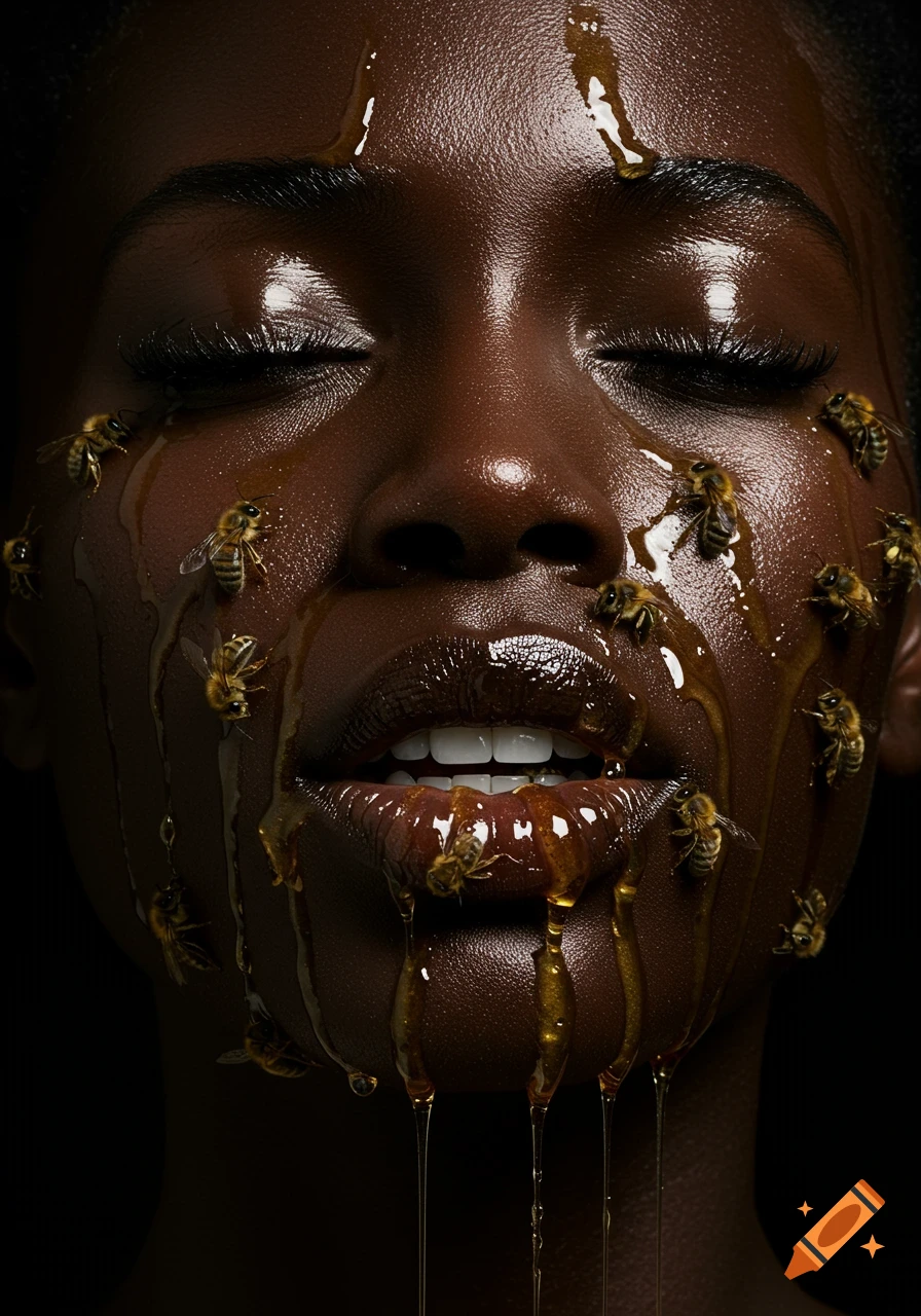Photorealistic close-up portrait of a Black woman with honey and bees on her glossy skin, closed eyes, and parted lips.