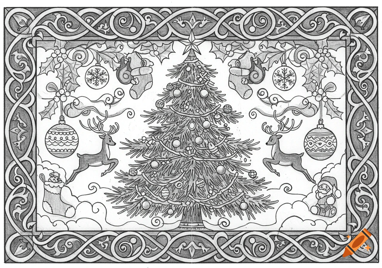 Black and white Christmas illustration with a decorated tree, leaping reindeer, holly, ornaments, and Santa in stockings, framed by a Celtic knot border.