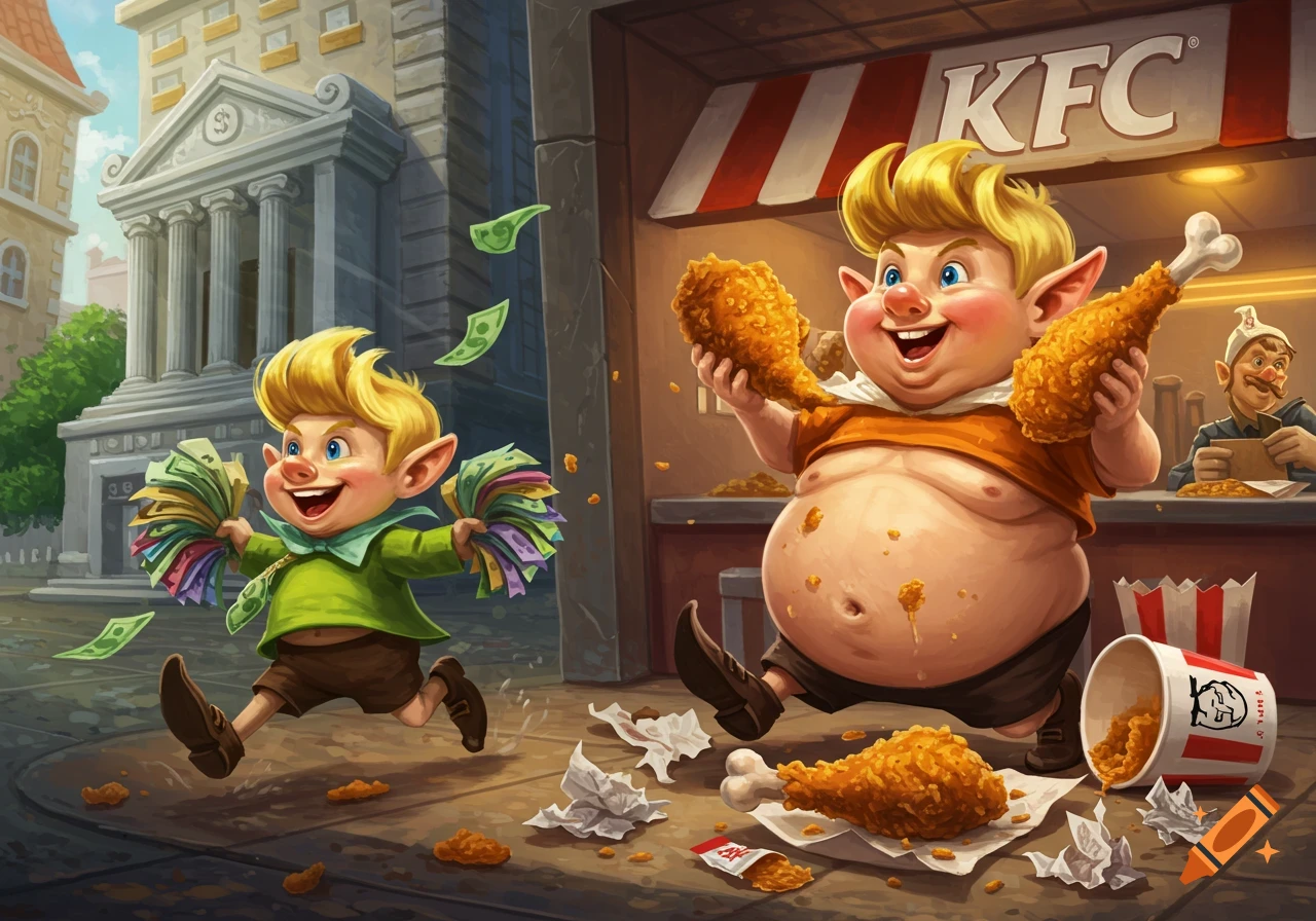 A cartoon elf runs with money from a bank while a chubby elf holds KFC chicken outside a restaurant.
