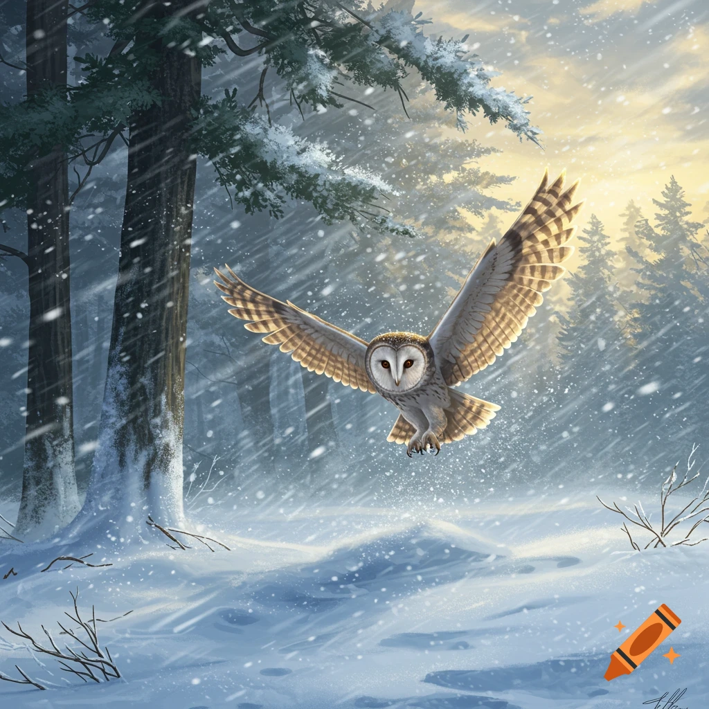 A barn owl with outstretched wings flies through a snowy forest during a snowstorm at dusk.