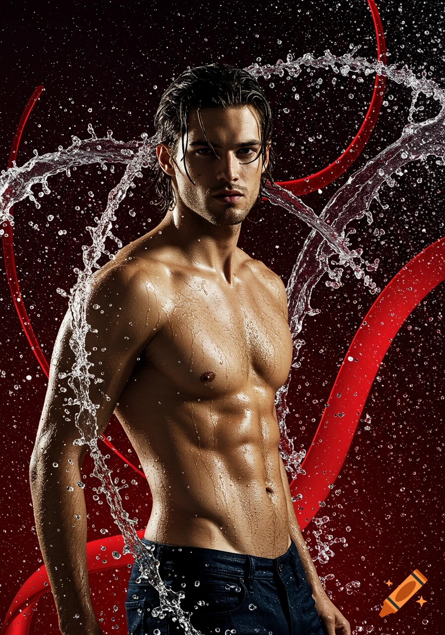 Muscular man with wet hair and torso, wearing jeans, surrounded by splashing water and red abstract design elements.