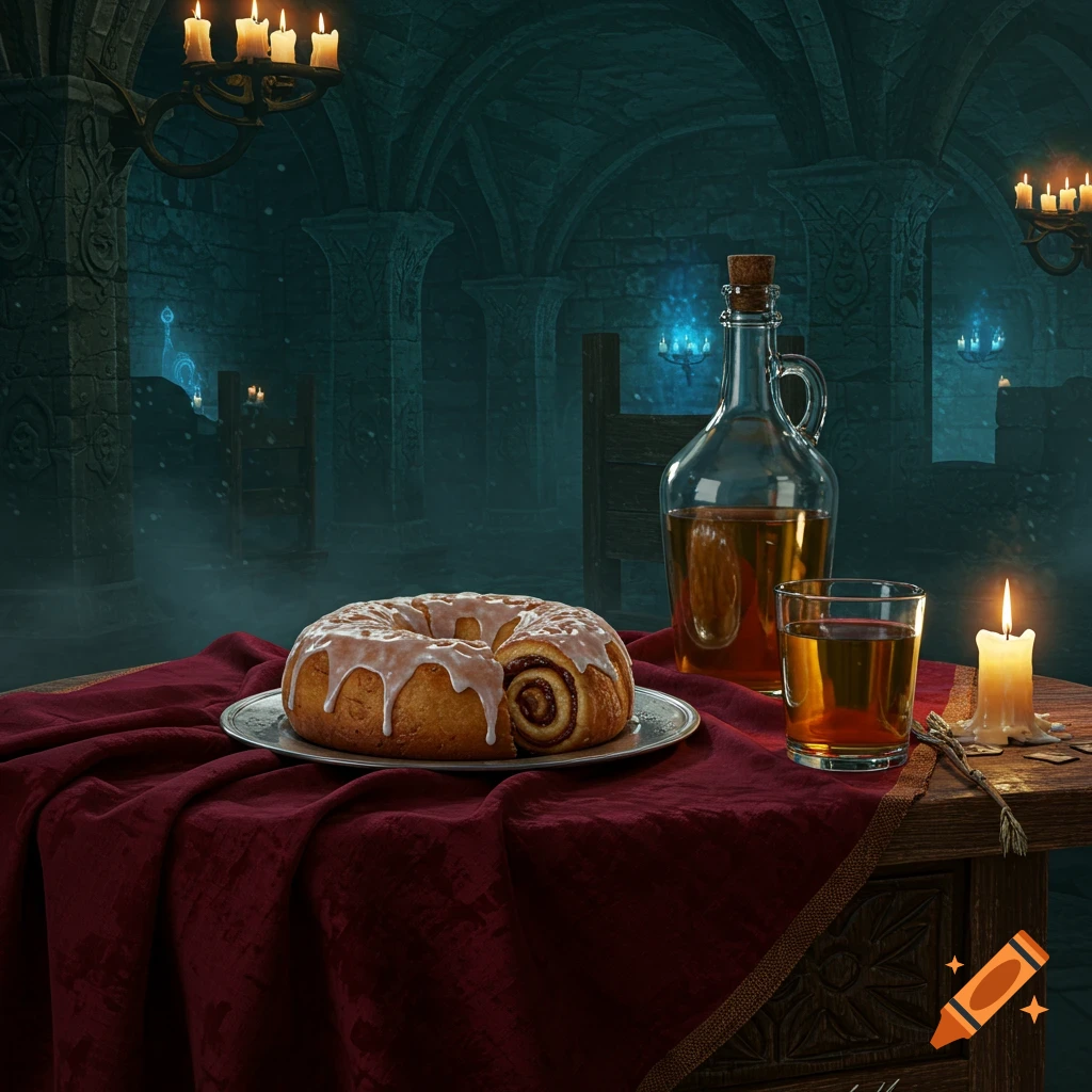 A sweet roll with icing, a bottle of mead, and a lit candle on a red tablecloth in an eerie dungeon.