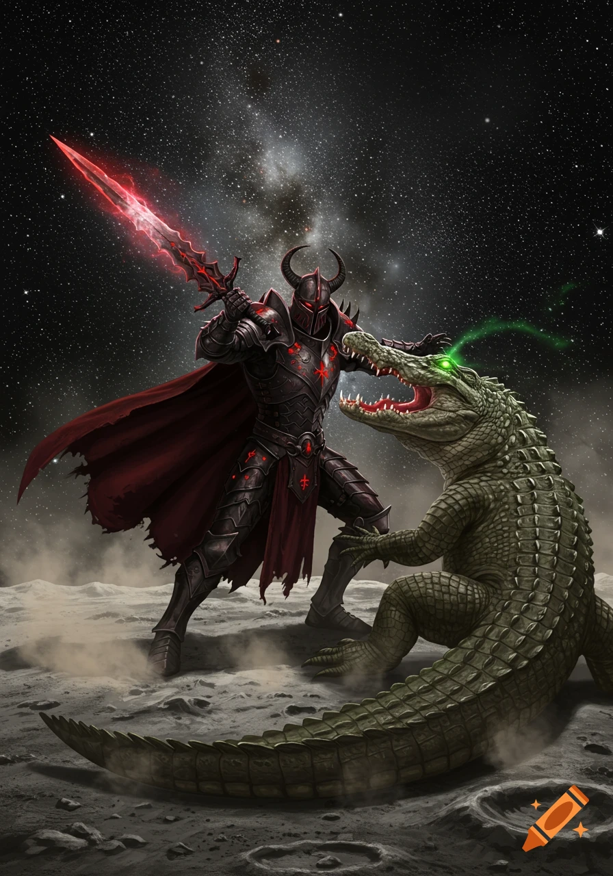 A horned evil knight with a glowing red sword battles a giant alligator with glowing green eyes on the moon under a starry sky, fantasy art.
