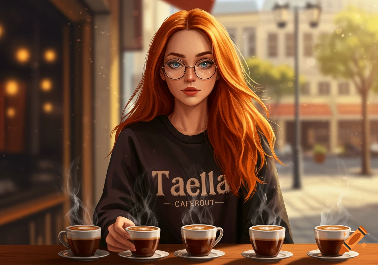 An anime-style portrait of a red-haired girl with glasses sitting at a cafe table with five steaming coffee cups.