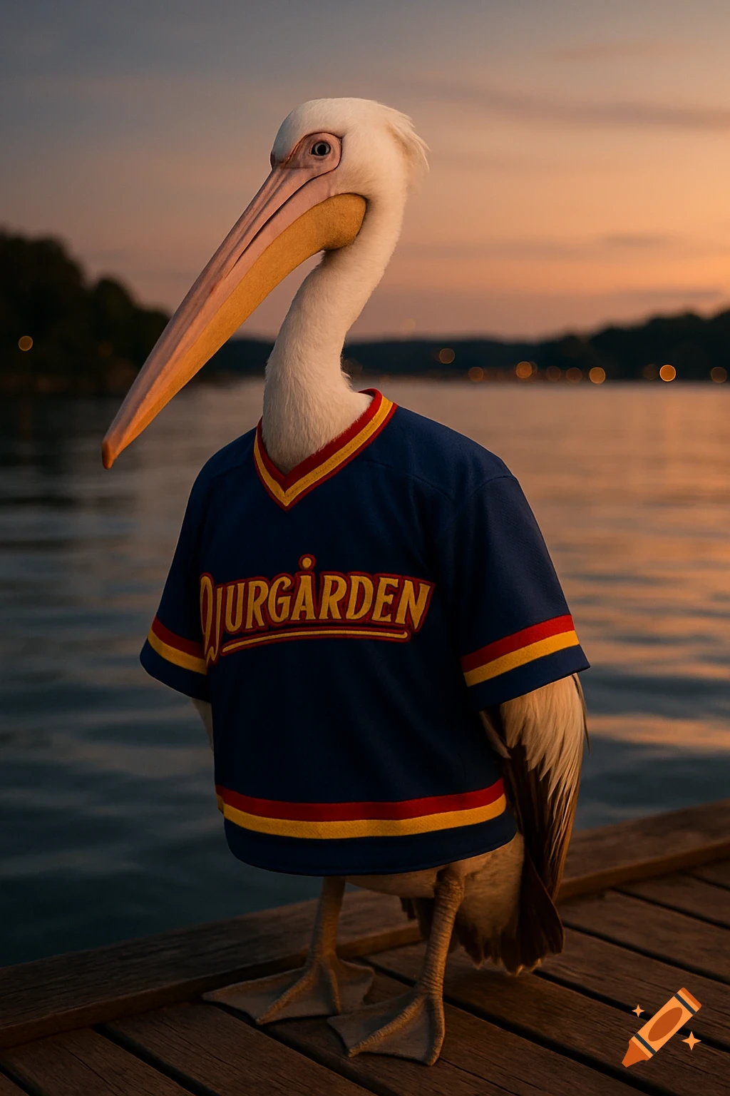 A photorealistic image of a pelican in a blue, red, and yellow sports jersey standing on a wooden dock at sunset.