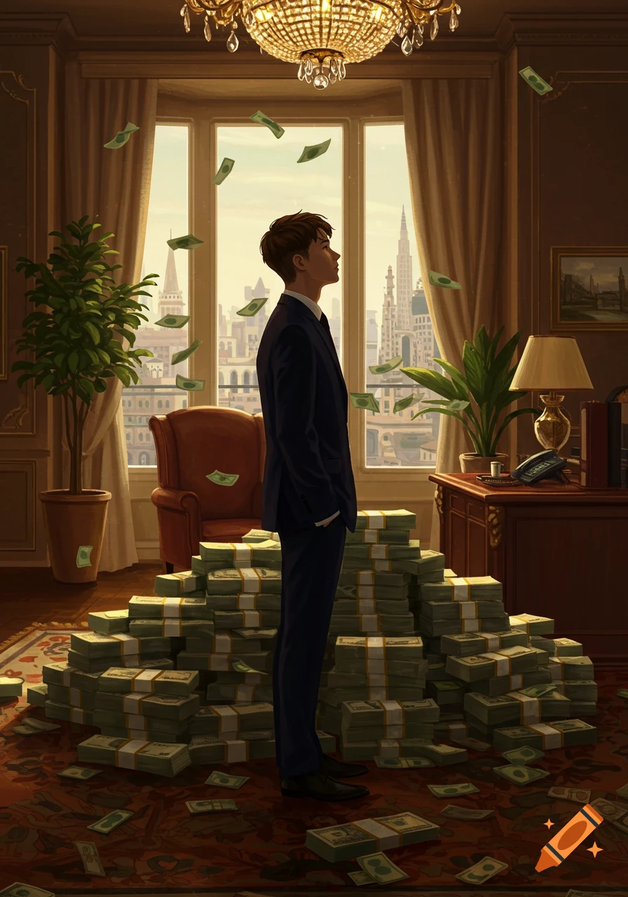 A young man in a suit stands in a luxurious room filled with piles of money, looking out a large window at a city skyline.