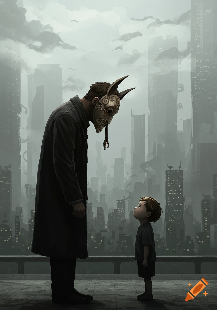 An illustration of a masked man looking down at a child against a gray city skyline.