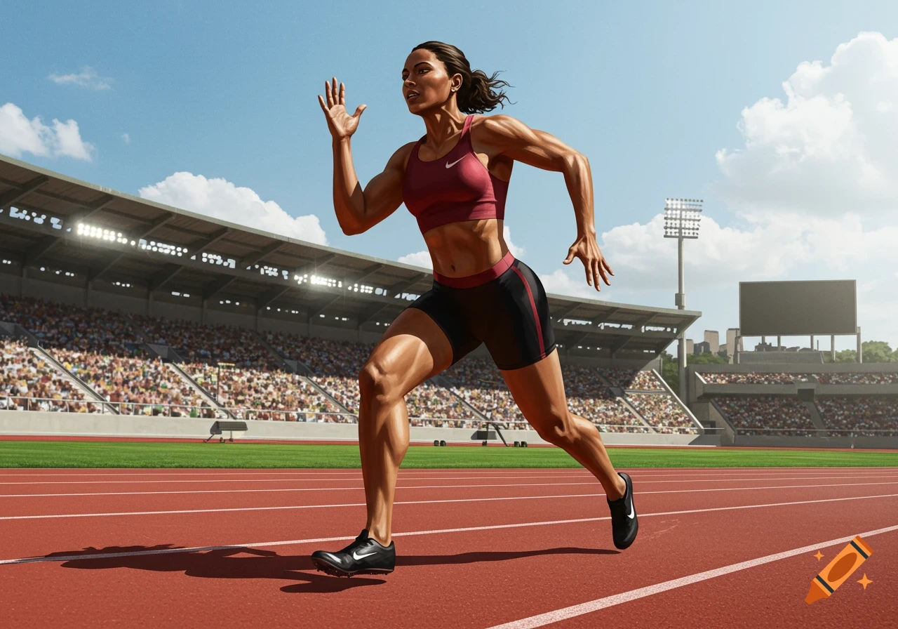 A muscular female athlete sprints on a red track in a stadium, wearing a maroon sports bra and black shorts.