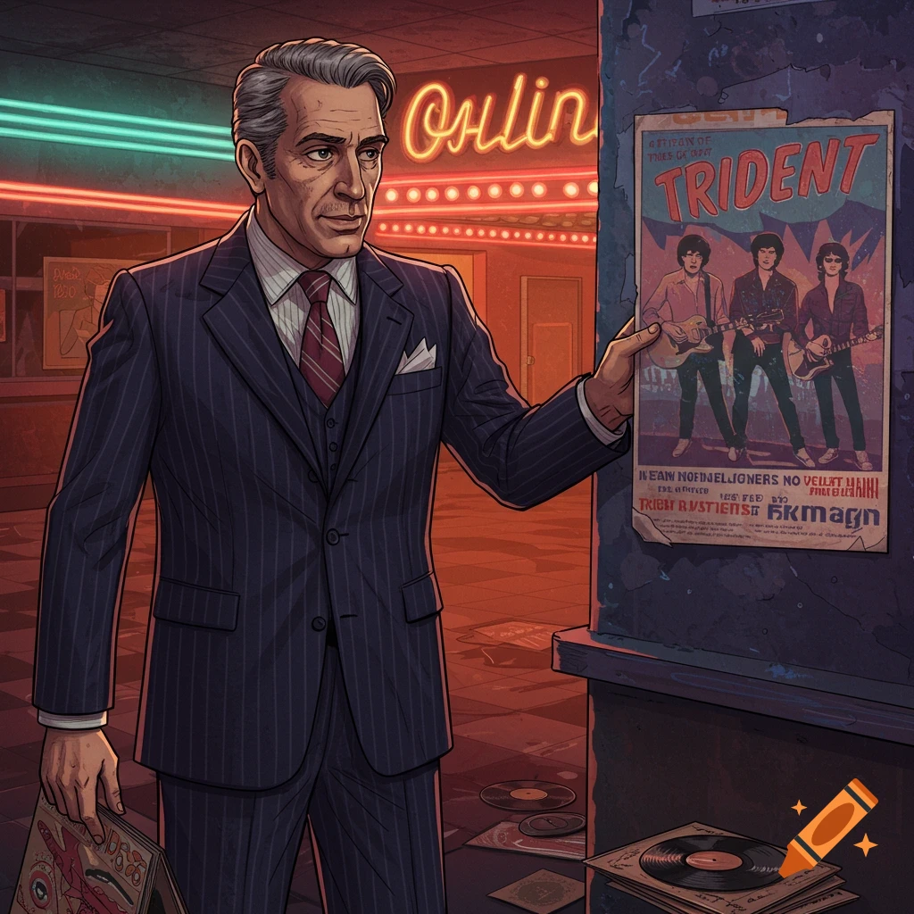 A man in a pinstripe suit and vest holds a vinyl record while looking at a retro music poster in a neon-lit club. Vinyl records are scattered on the floor.