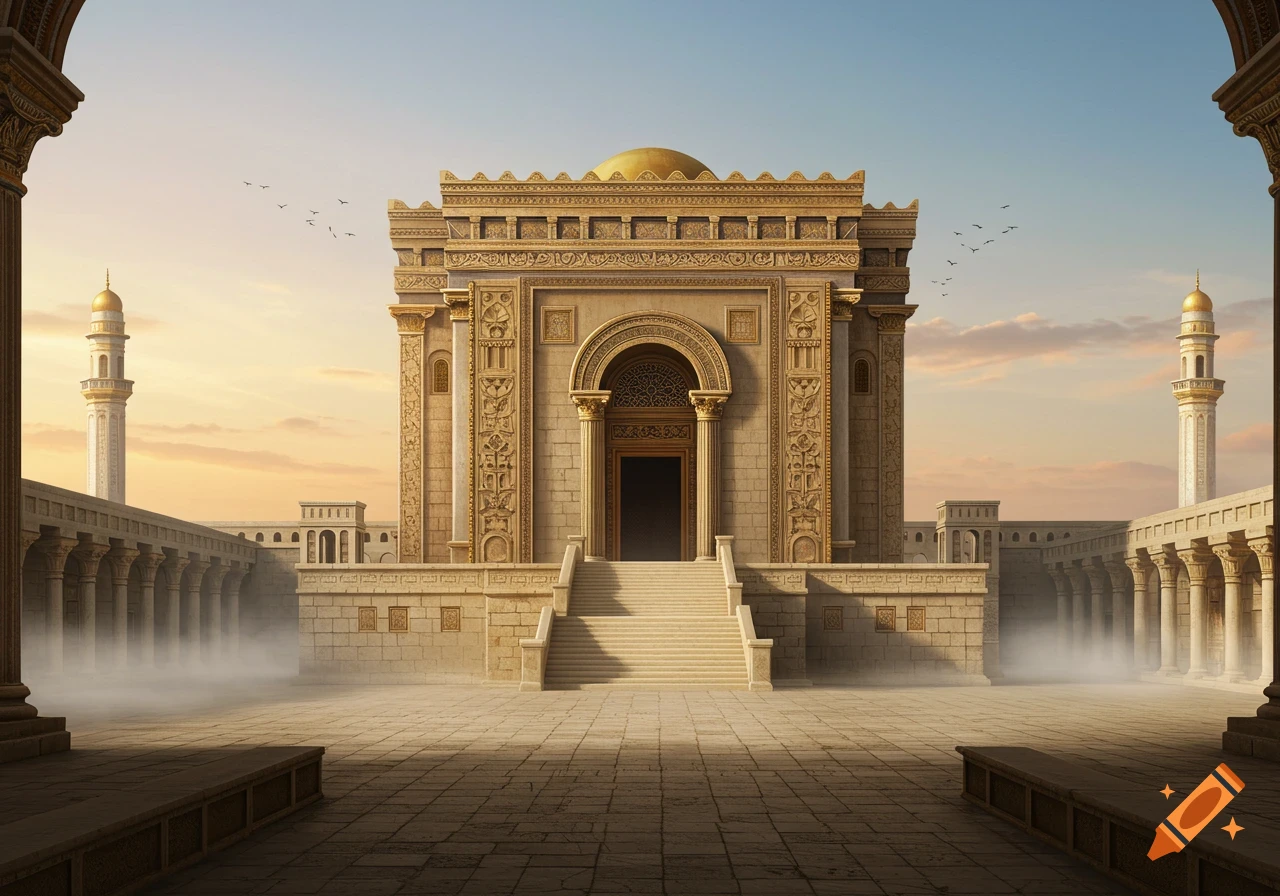 Grand, ornate ancient temple with a golden dome and intricate carvings in a large stone courtyard under a sunset sky.