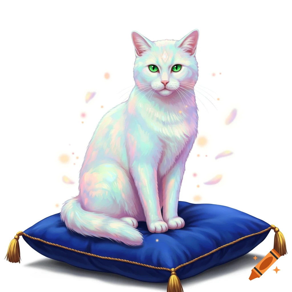 An iridescent white cat with bright green eyes sits on a royal blue pillow, surrounded by a magical glow.