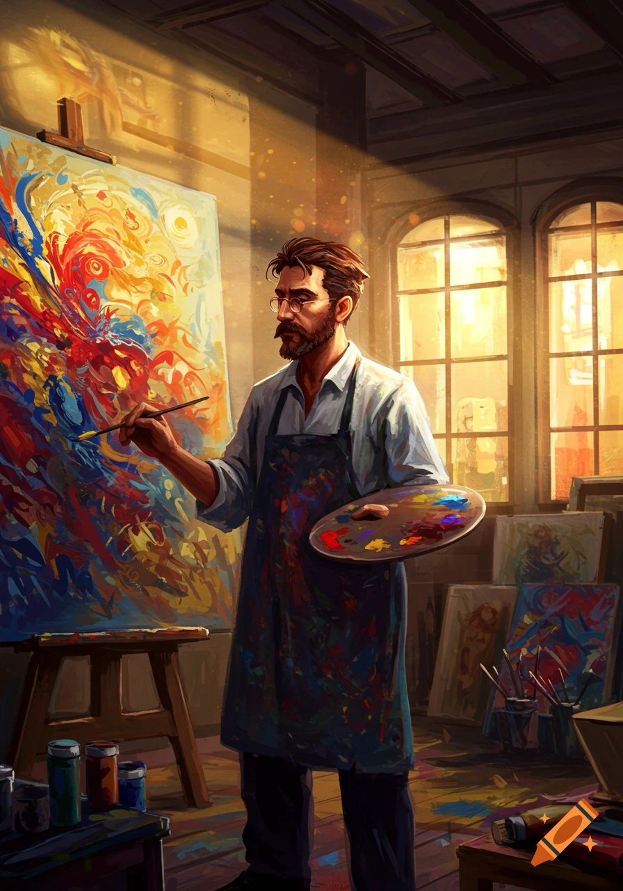 A male artist with a beard and glasses paints an abstract, colorful canvas in a sunlit art studio.