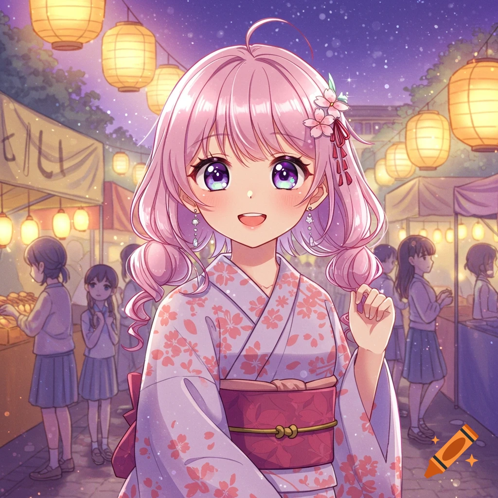 A smiling anime girl with pink hair and a kimono stands at a night festival with glowing lanterns and stalls.
