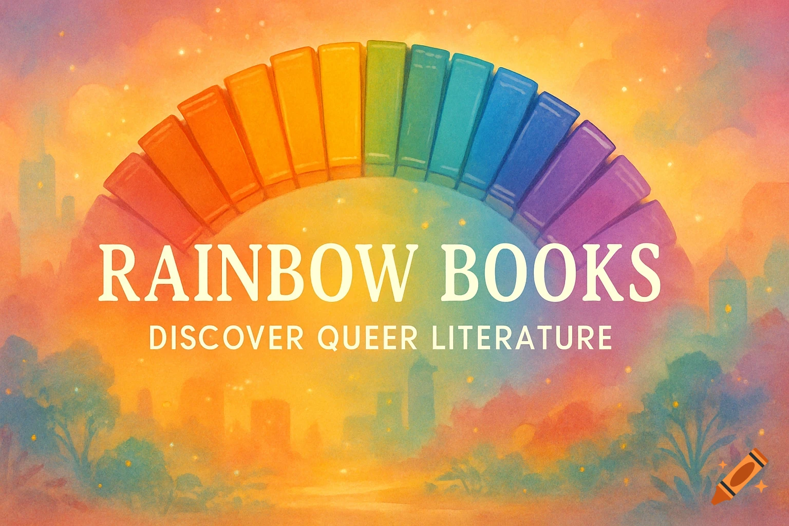 Watercolor illustration of a rainbow of books over a colorful sky and cityscape, with the text 'RAINBOW BOOKS DISCOVER QUEER LITERATURE'.