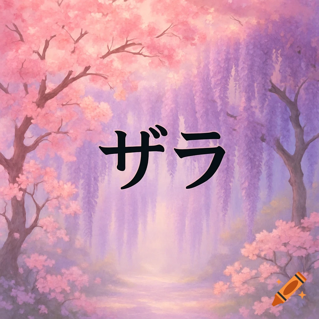 Japanese text 'Zara' (ザラ) centered in a delicate, painterly landscape with pink cherry blossoms and purple wisteria.