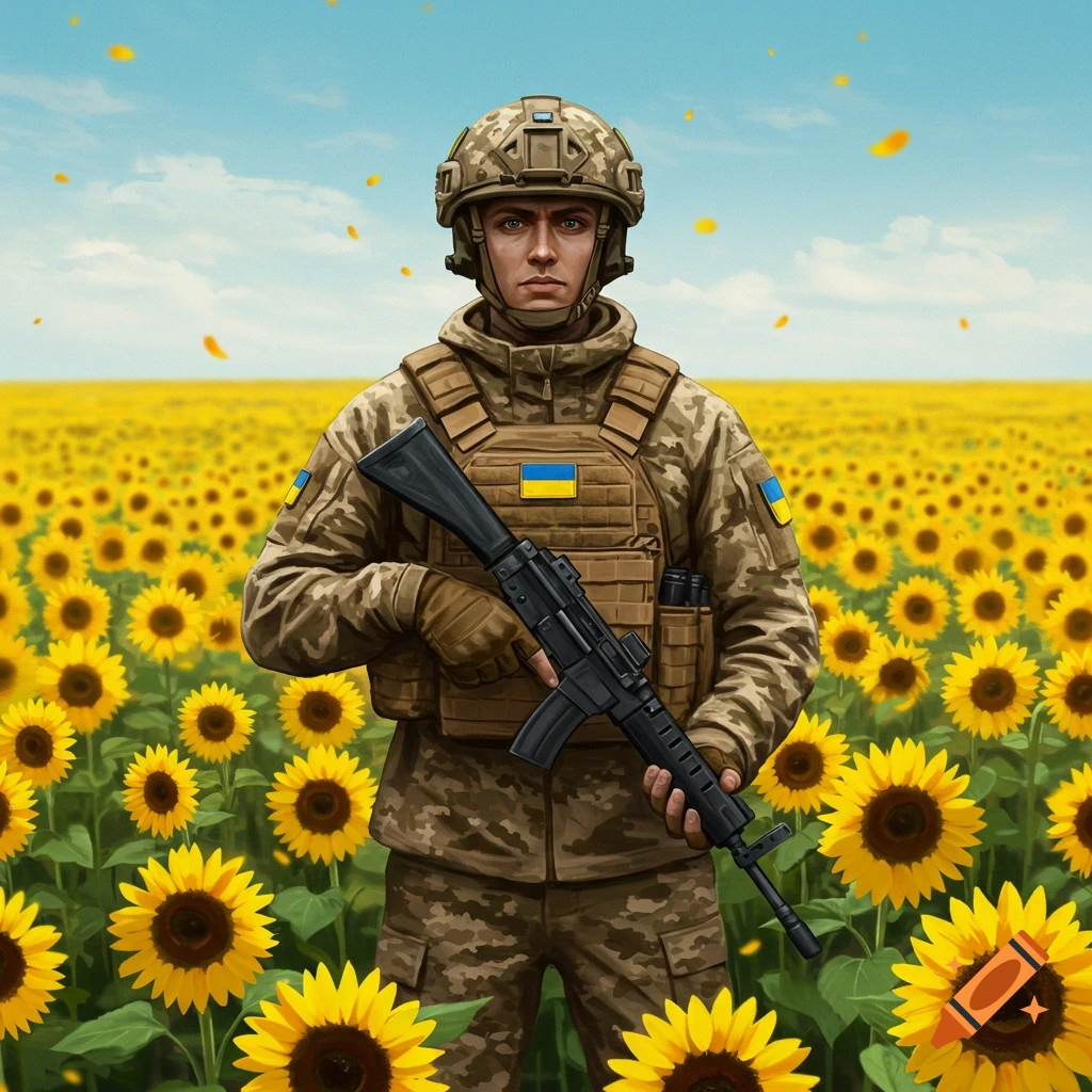 A Ukrainian soldier in camouflage uniform and helmet stands in a bright sunflower field, holding a rifle. Digital illustration.
