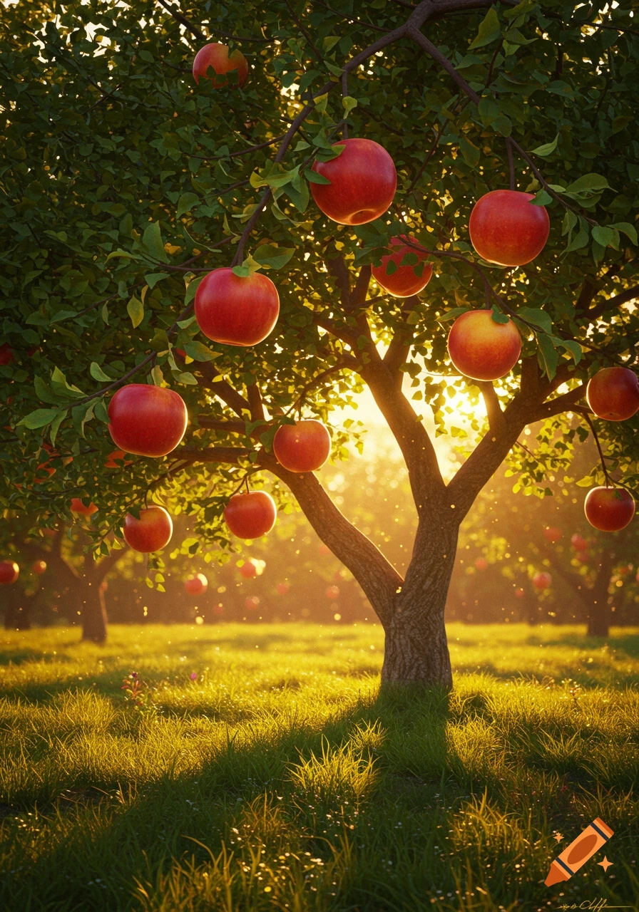 A photorealistic apple tree full of red apples, bathed in golden sunlight in a grassy field.