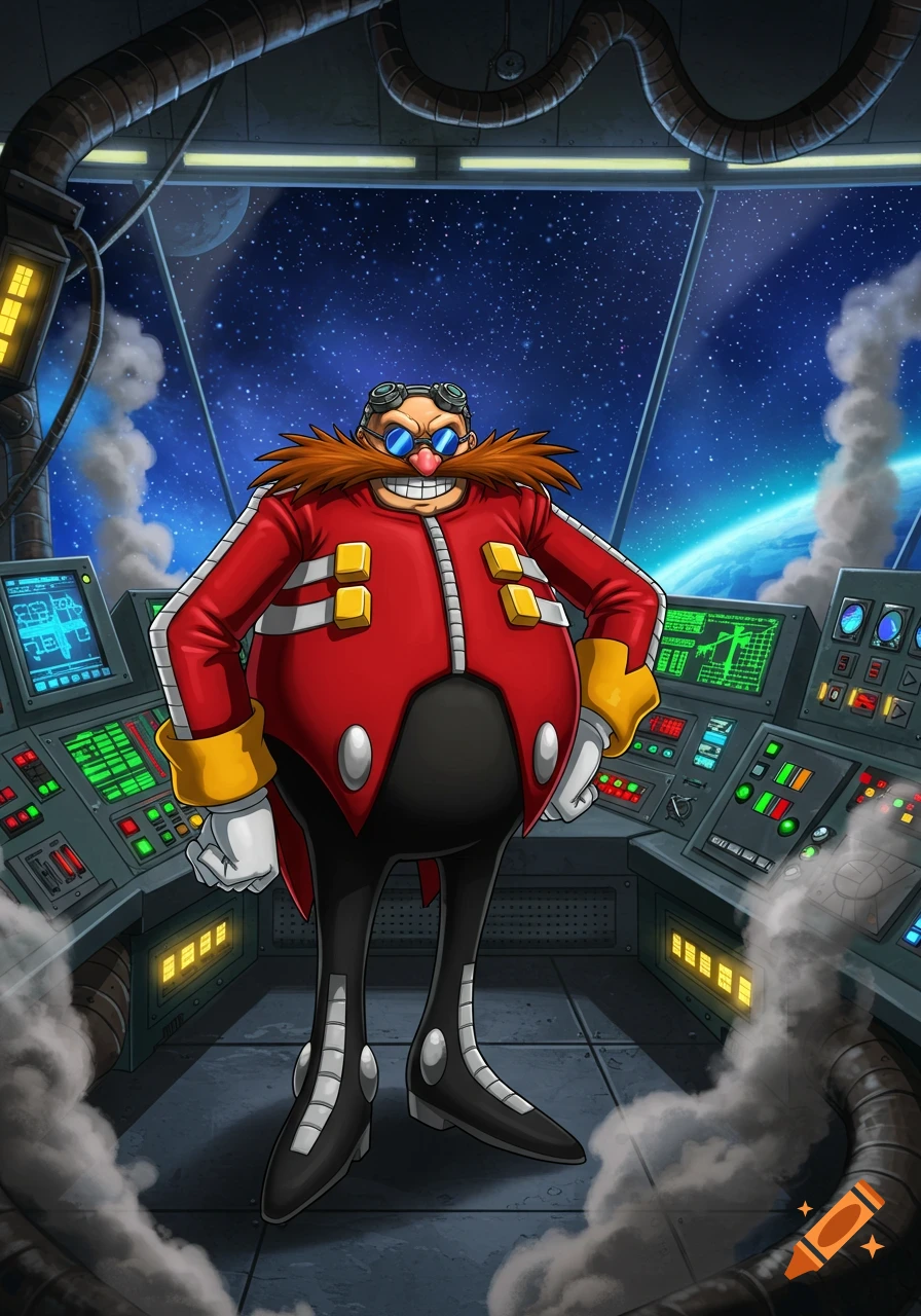 Dr. Eggman, wearing red and black, stands in a spaceship control room, smiling menacingly with a starry sky and planet outside.