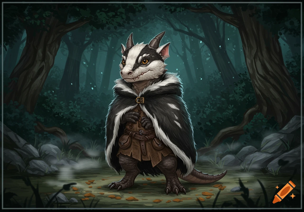 A badger-striped kobold-like creature with small horns and sharp teeth wears a fur-trimmed cloak in a mystical dark forest.