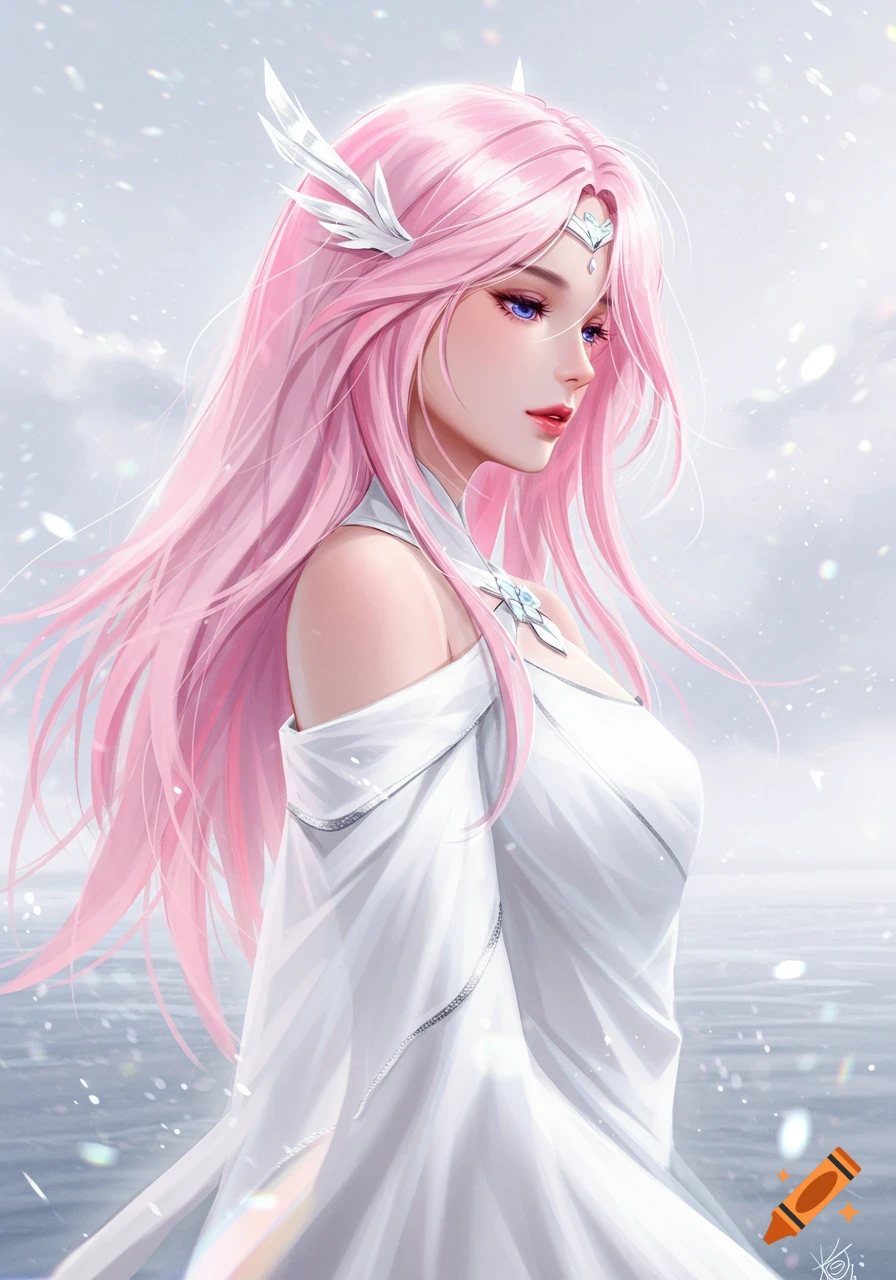Anime girl with long pastel pink hair, blue eyes, and a white feathered headpiece, wearing a flowing white dress in an ethereal landscape.