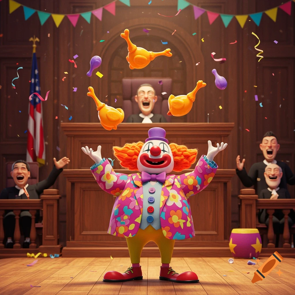 A whimsical cartoon clown in a floral jacket juggles rubber chickens in a bright courtroom with laughing judge and jury. Digital art.