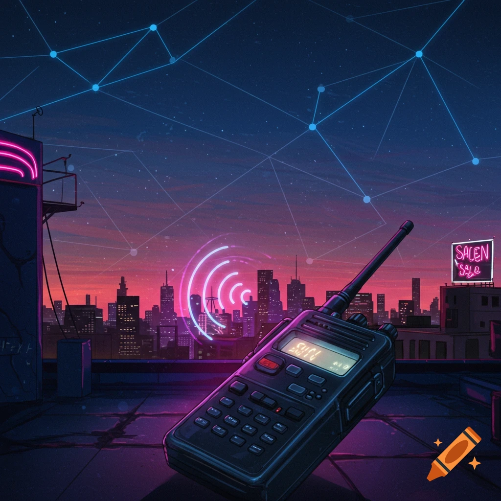 Retrowave illustration of a walkie-talkie on a rooftop, overlooking a neon-lit city at dusk with network lines in the sky.