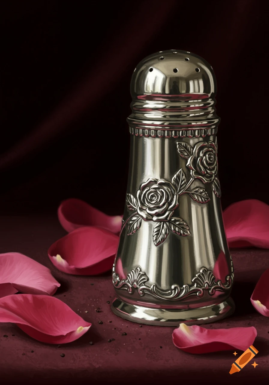 A silver salt shaker with ornate rose designs sits on a dark red surface, surrounded by scattered pink rose petals.