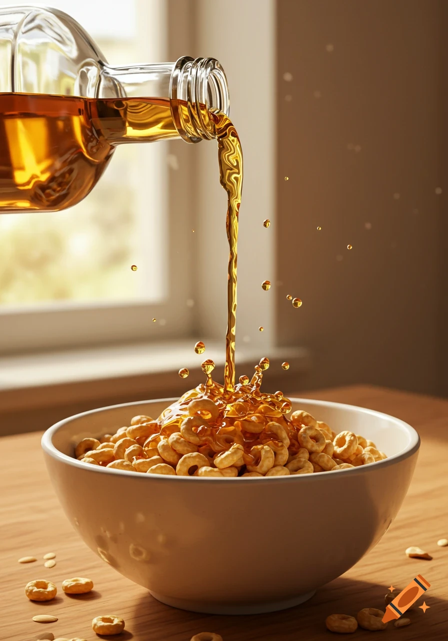 Photorealistic image of a bottle pouring golden liquid onto a bowl of round cereal pieces, creating splashes on a wooden table.
