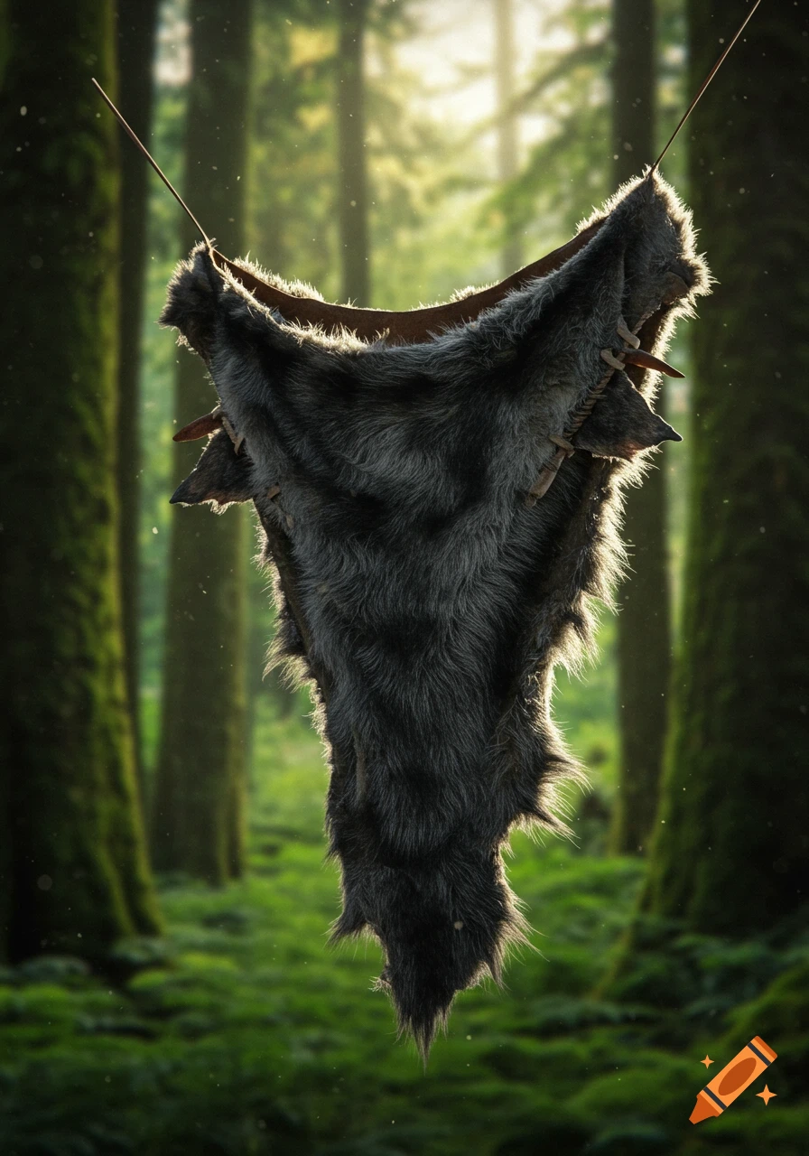 A wolf fur loincloth hangs on a stick against a vibrant, sunlit forest background.