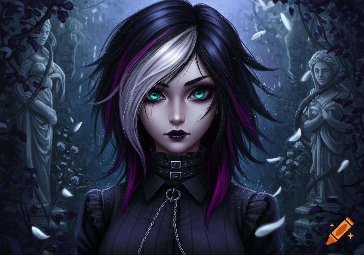A dark anime portrait of an emo/goth girl with black, purple, and white hair, and striking teal eyes, in a gothic garden with statues.