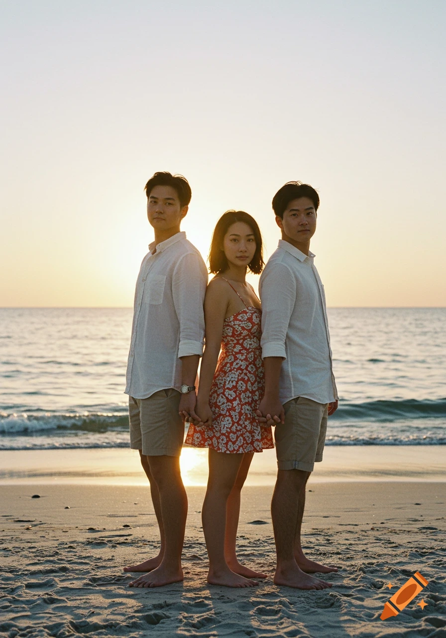 Three people, one woman between two men, hold hands on a beach at sunset, looking at the camera. Photorealistic style.