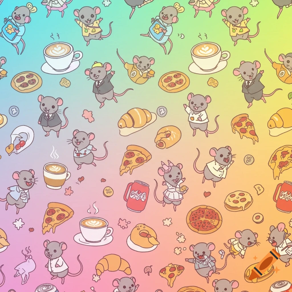 A vibrant anime-style pattern features numerous cartoon mice dressed in clothes, surrounded by coffee, pizza, croissants, and soda cans on a pastel gradient background.