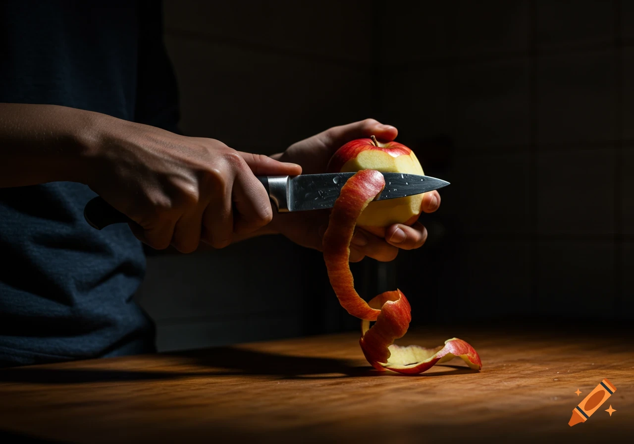 Close-up of hands peeling a red apple with a knife, casting dramatic shadows on a wooden counter in a dimly lit kitchen.