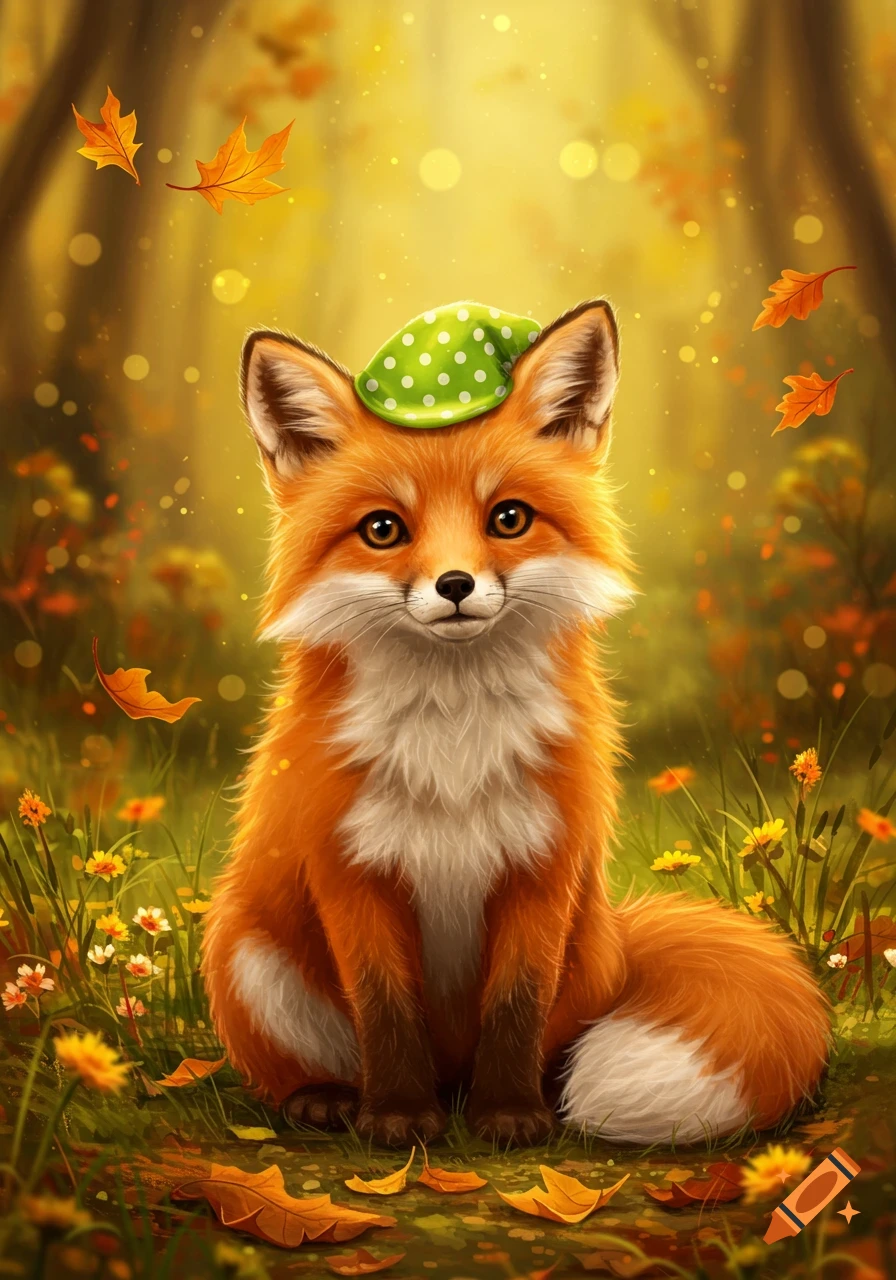 A cute orange and white fox in a green polka dot hat sits in a vibrant autumn forest with leaves and flowers, illustration.