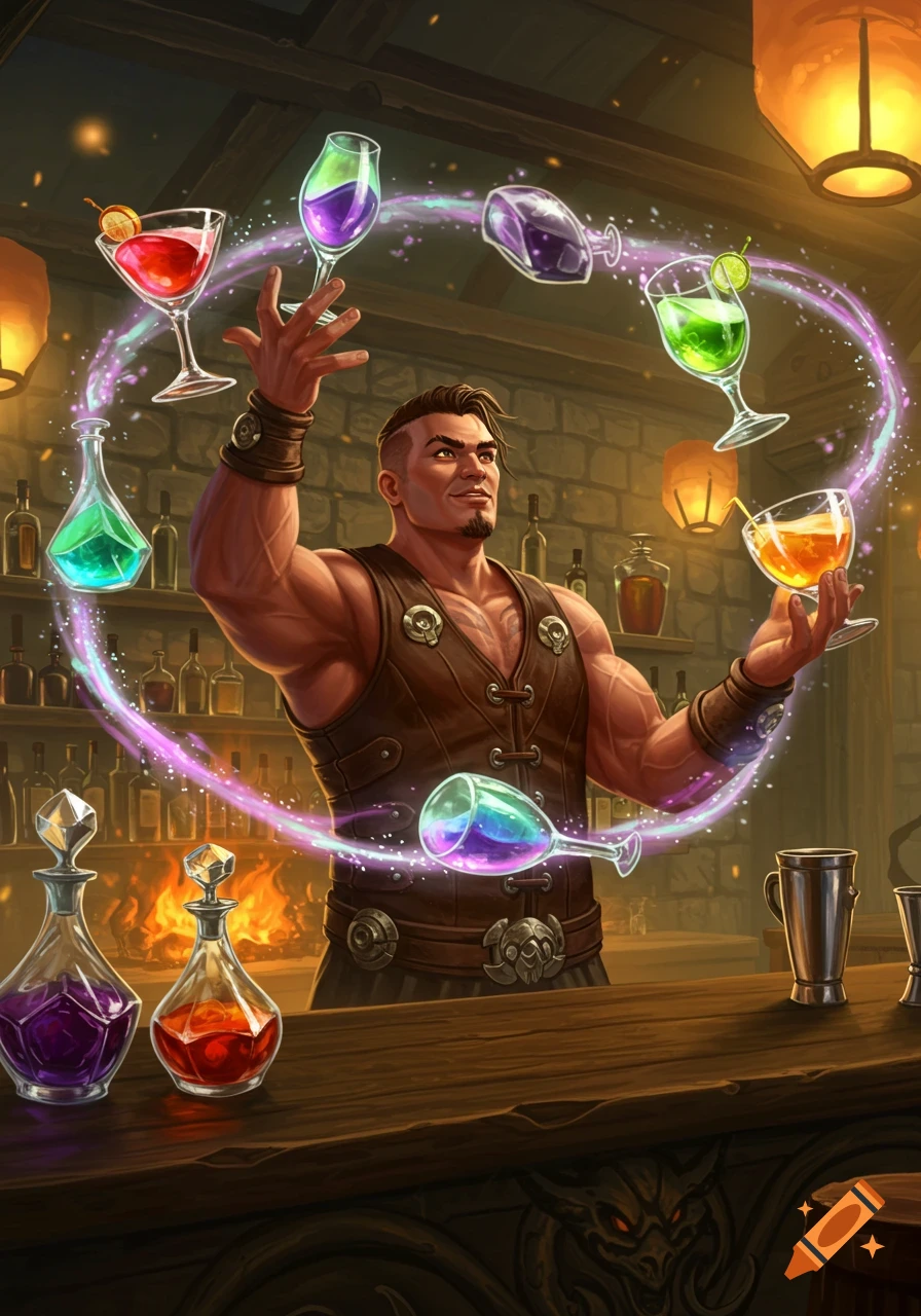 A muscular male bartender in a fantasy tavern magically juggling glowing colorful drinks, digital illustration.