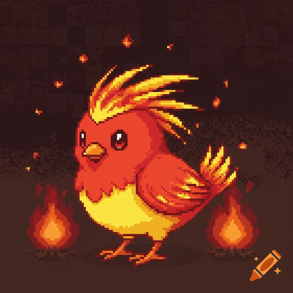 A cute pixel art fire bird, red and yellow, with flames around it on a dark background.