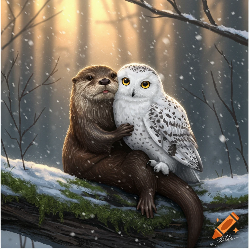 A cute brown otter hugs a white snow owl on a snowy branch in a winter forest, illuminated by golden light. Digital illustration.