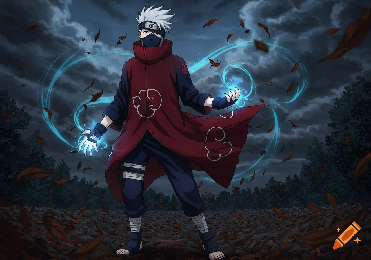 Anime character resembling Kakashi in an Akatsuki cloak, hands glowing blue, standing in a leaf-strewn field under a stormy sky.