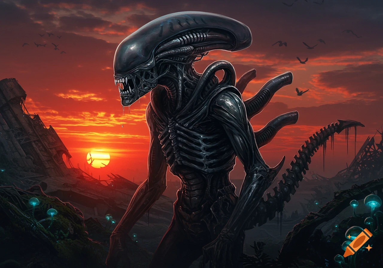 A detailed illustration of a Xenomorph alien in a ruined landscape under a red sunset with glowing blue mushrooms.