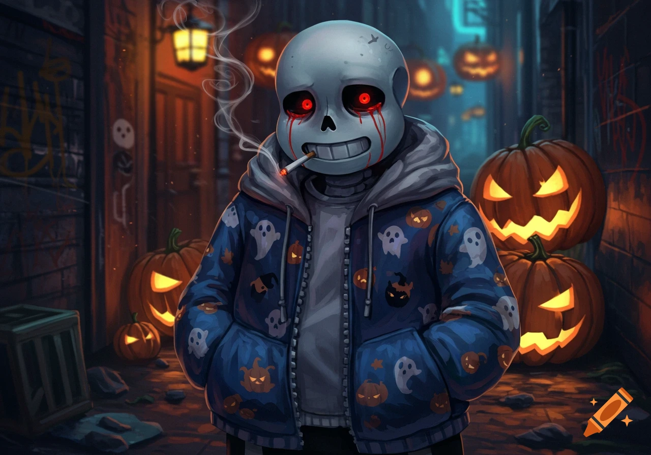 Sans, a cartoon skeleton, with red bleeding eyes and a cigarette, in a ghost-patterned hoodie, standing in a Halloween alley with glowing jack-o'-lanterns.