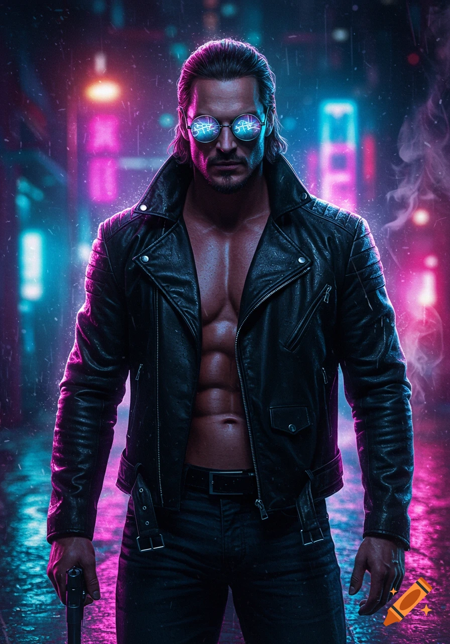 Muscular man in an open leather jacket and mirrored sunglasses holds a gun in a neon-lit, rainy cyberpunk alley.