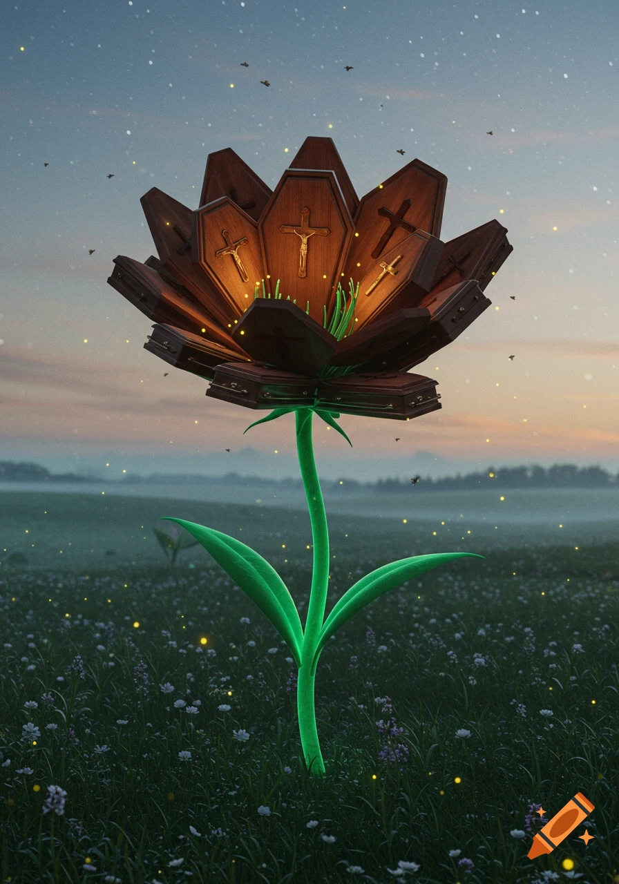 Surreal image of a glowing green-stemmed flower with coffin petals and crucifixes, standing in a misty field at dusk with fireflies.