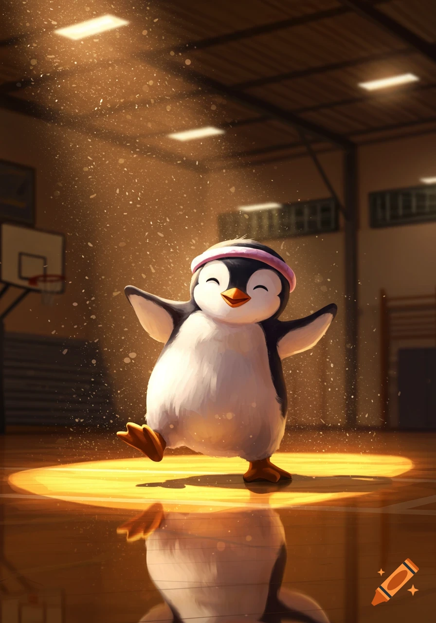 Cute cartoon penguin with a pink headband dancing on a shiny wooden gym floor under a spotlight.