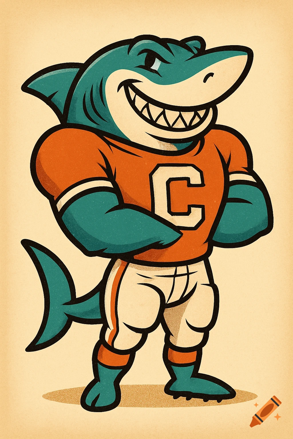 A retro-style cartoon shark mascot wearing an orange football jersey with a white 'C' and white football pants.
