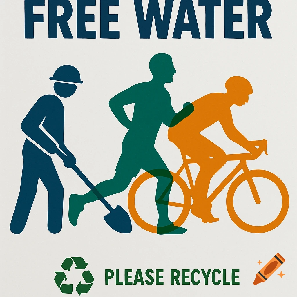 A minimalist graphic poster with "FREE WATER" at the top, followed by silhouettes of a worker, a runner, and a cyclist. At the bottom, a recycling symbol and "PLEASE RECYCLE".